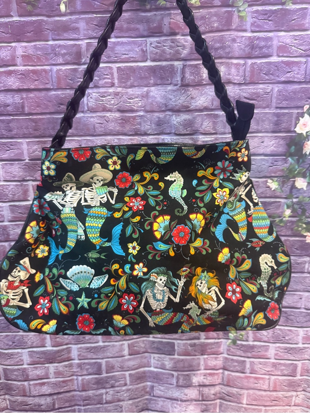 Black Large Twisted Tote with Colorful Mermaid & Skeleton Print under sea horror
